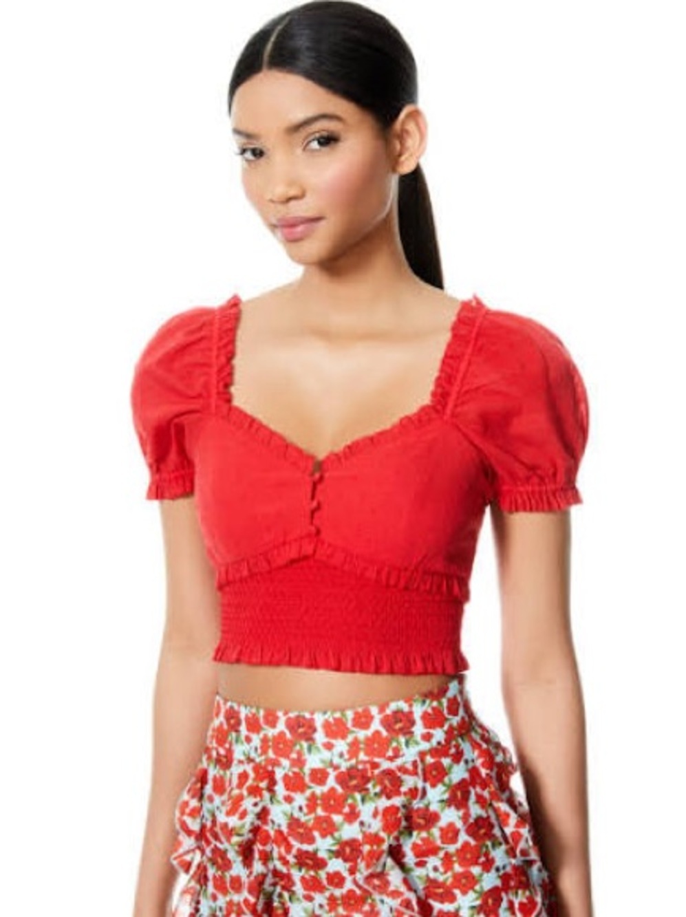 Alice + Olivia Rianna Red Puff-Sleeve Smocked Crop Top